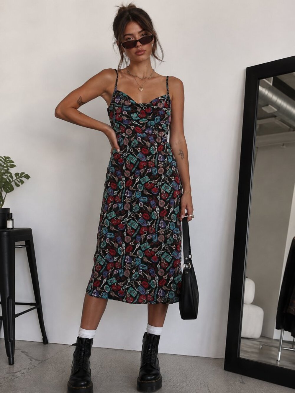 Y2K Novelty Print Cowl Neck Midi Slip Dress 90s Grunge Alt Size 4